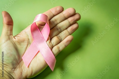 Hand Holding Pink Cancer Awareness Ribbon - Symbol of Support and Hope with Copy Space