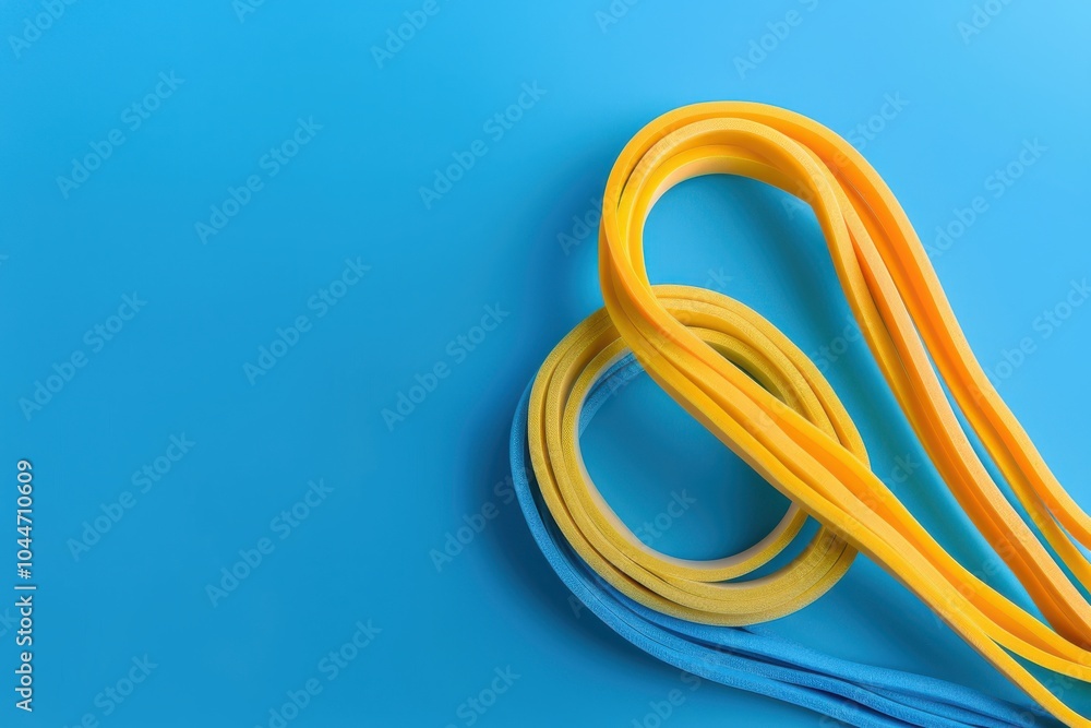 Colorful rubber bands arranged in loops on a bright blue background