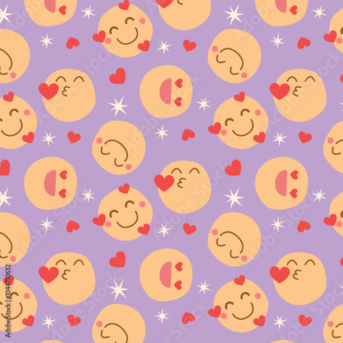 Seamless pattern with love faces Emoticons. Emoticon smile and kiss background. 