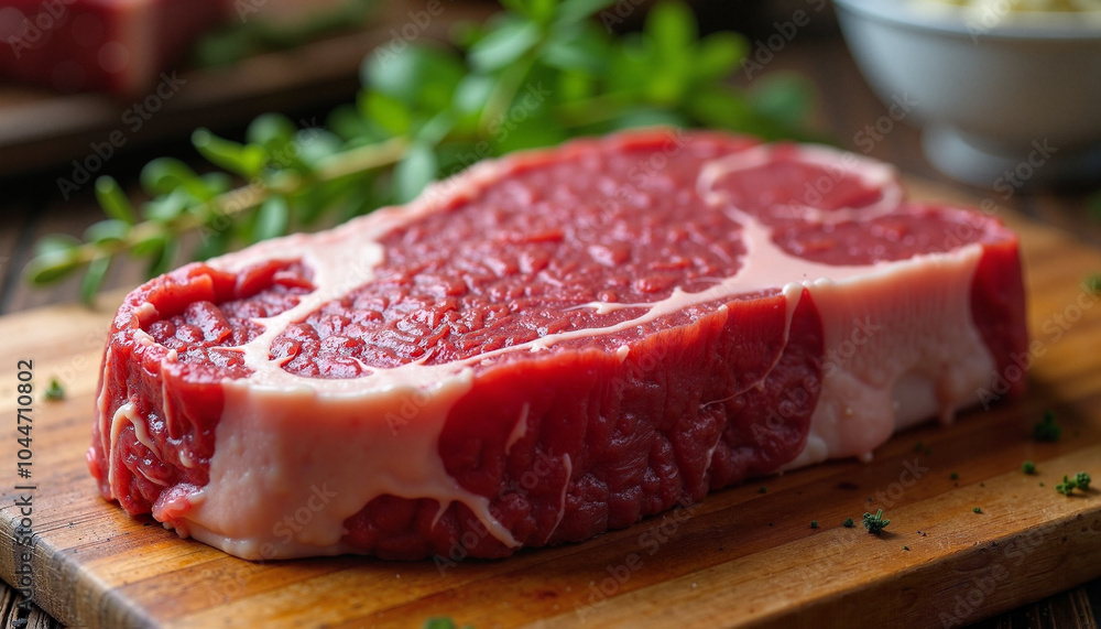 Raw steak on cutting board with herbs Raw steak on cutting board with herbs
