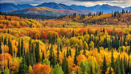 Tilted angle landscape with mountains and boreal forest in autumn colors Alaska USA