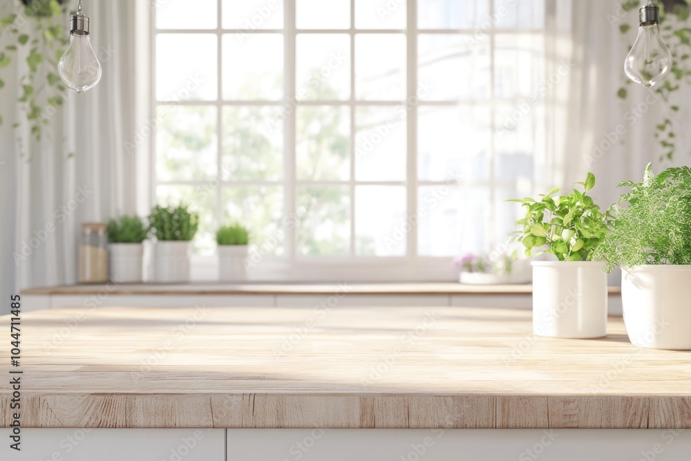 Minimalist Wooden Counter with Indoor Plants in Bright Sunlit Kitchen Scene Minimalist Wooden Counter with Indoor Plants in Bright Sunlit Kitchen Scene