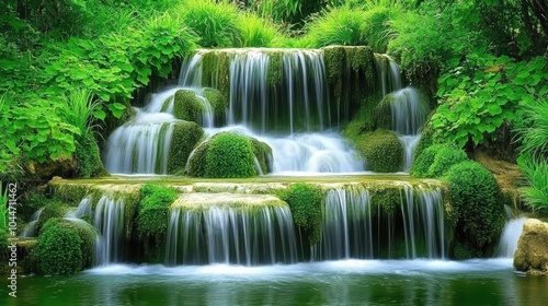 A serene waterfall cascading over moss-covered rocks, surrounded by lush green foliage, embodying the peaceful beauty of nature