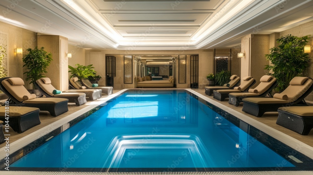 Elegant indoor swimming pool framed by plush recliners, ideal for luxury promotions with space on the left for messaging. Elegant indoor swimming pool framed by plush recliners, ideal for luxury promotions with space on the left for messaging.