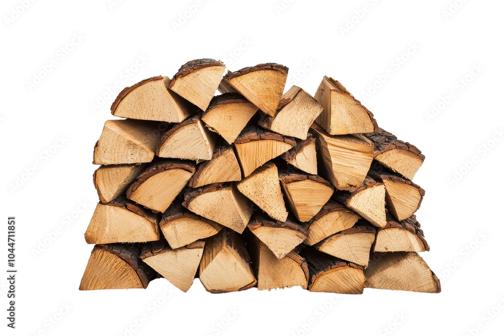 Stack of neatly arranged firewood on a white isolated background.
