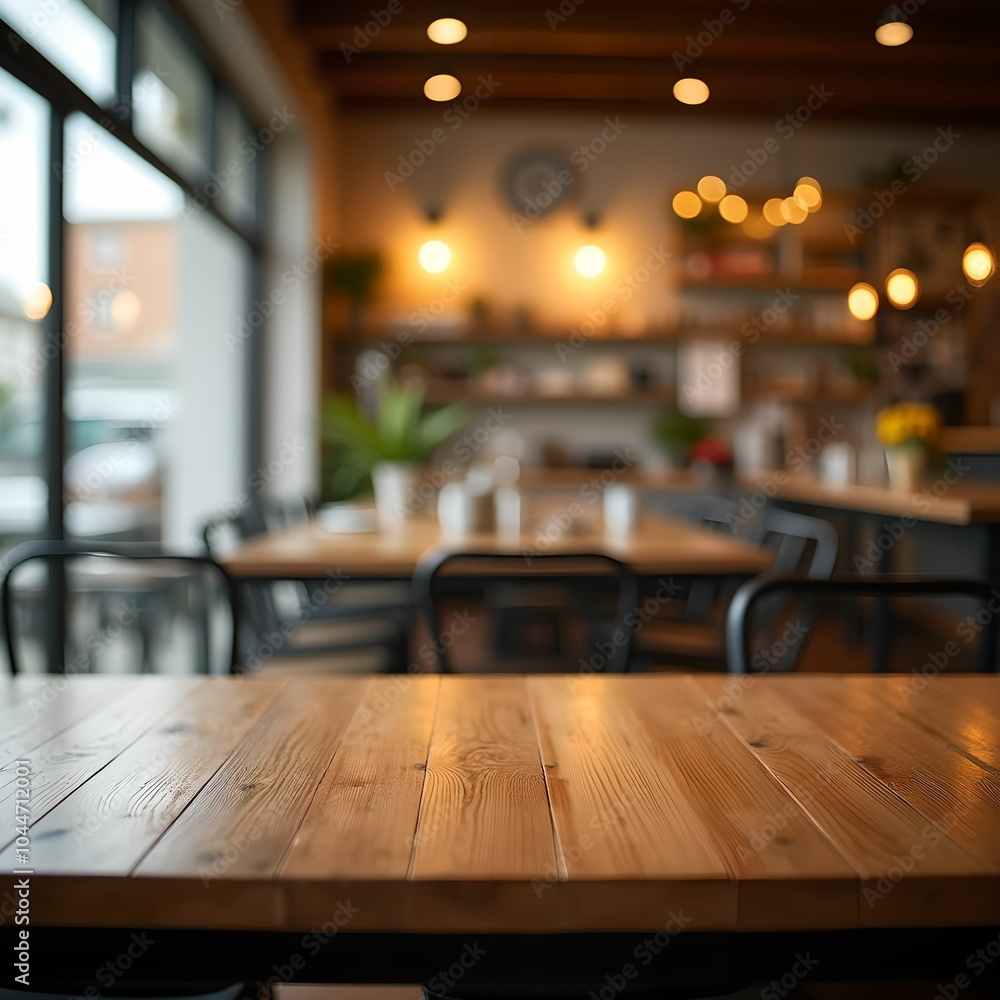 Empty wooden table in focus with a blurred coffee shop setting in the background. Empty wooden table in focus with a blurred coffee shop setting in the background.