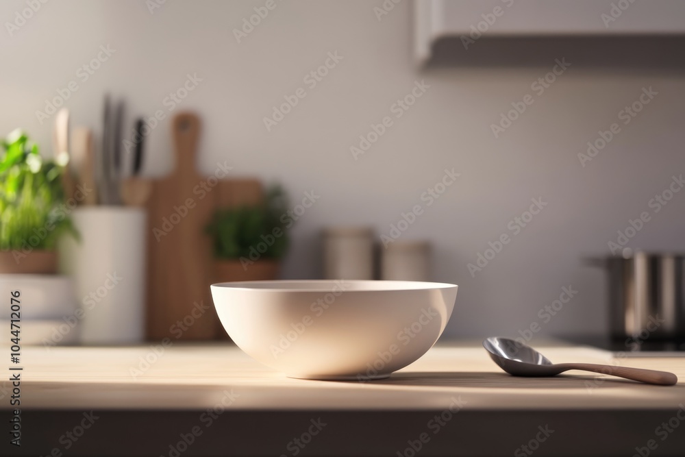 Minimalist Kitchen Scene with Kraft Soup Bowl on Wooden Countertop Minimalist Kitchen Scene with Kraft Soup Bowl on Wooden Countertop