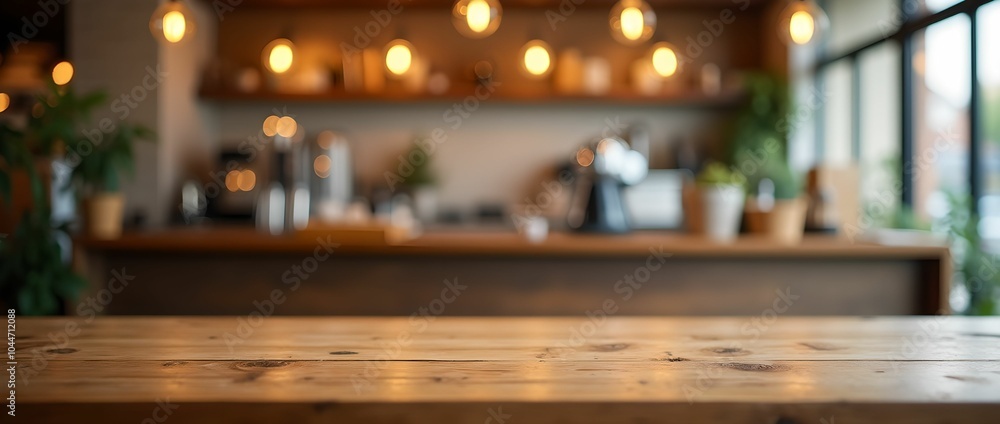 Empty wooden table in focus with a blurred coffee shop setting in the background. Empty wooden table in focus with a blurred coffee shop setting in the background.