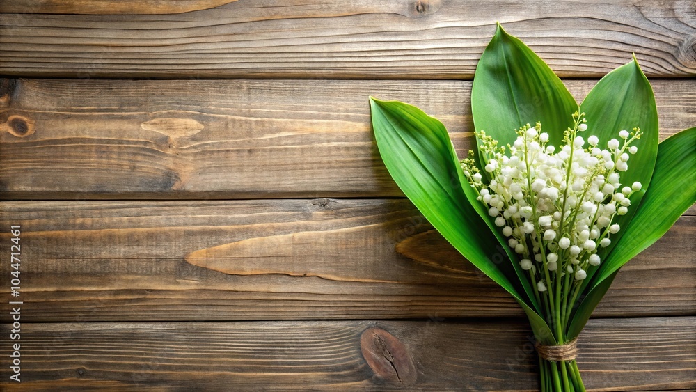 Naklejka premium Silhouette of lily of the valley bouquet and leaves on wooden background