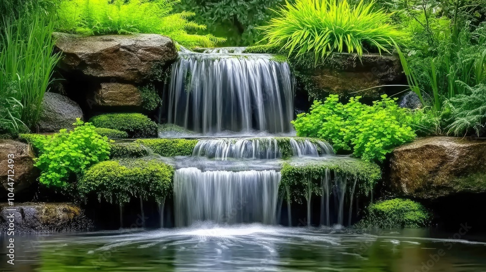 A calming waterfall cascading over mossy rocks, with vibrant green foliage all around, creating a peaceful natural retreat A calming waterfall cascading over mossy rocks, with vibrant green foliage all around, creating a peaceful natural retreat