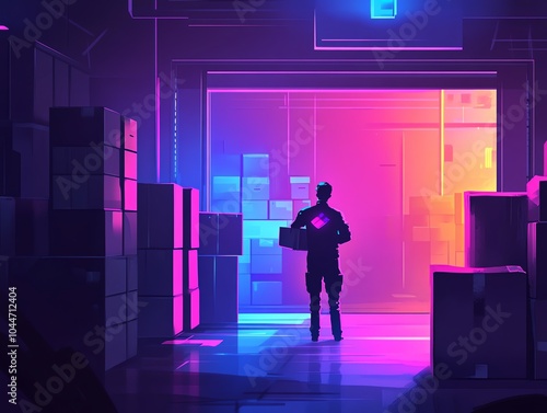 Bright parcel, logistics everywhere, human, neon lighting, flat design