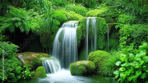 Waterfall gently cascading over moss-covered rocks, surrounded by lush greenery, symbolizing the tranquility of the natural world