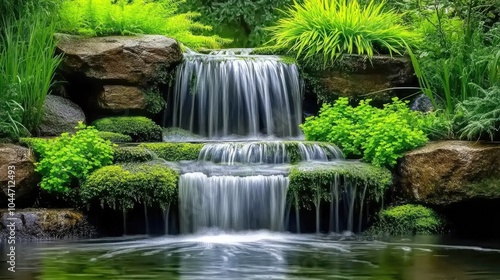 A calming waterfall cascading over mossy rocks, with vibrant green foliage all around, creating a peaceful natural retreat