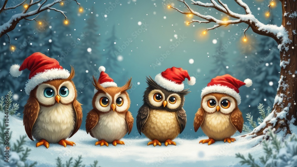 Cute owls in a Santa Claus hat in the winter forest. A postcard for the winter holidays. Cute owls in a Santa Claus hat in the winter forest. A postcard for the winter holidays.