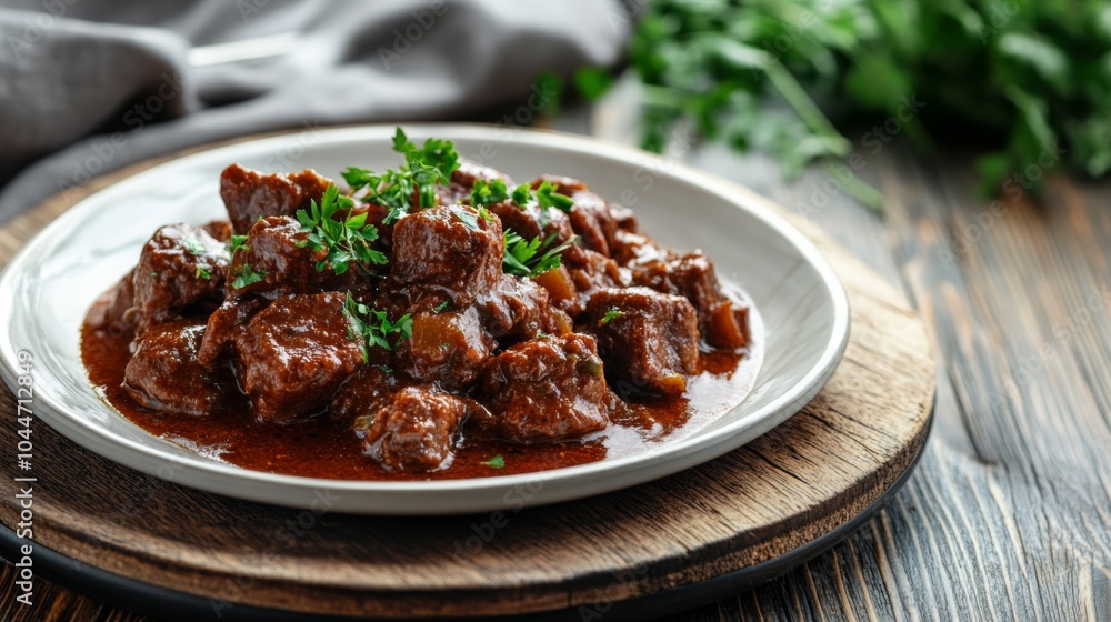 Goulash with Fresh Herbs and Paprika on Wooden Table Goulash with Fresh Herbs and Paprika on Wooden Table