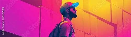 Bright neon parcel, logistics theme, human figure, everywhere design, flat illustration