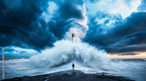 Person Standing on Beach Facing Powerful Ocean Waves