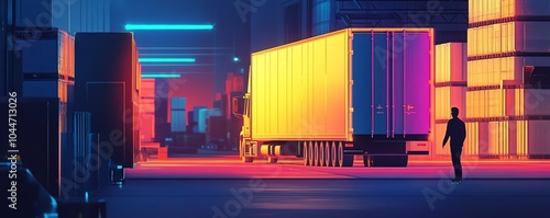 Neon box, logistics everywhere, human interacting, flat design