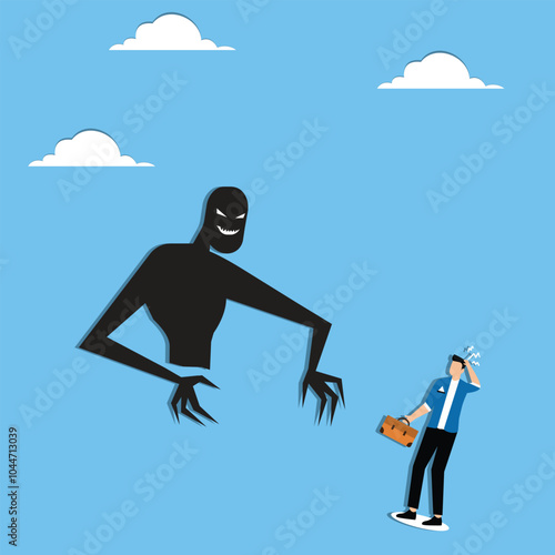 Fear, anxiety or panic attack, afraid of mistake, scared or nightmare suffering, depression or dread, worry or trouble causing distraught concept, fearful businessman afraid of evil monster shadow