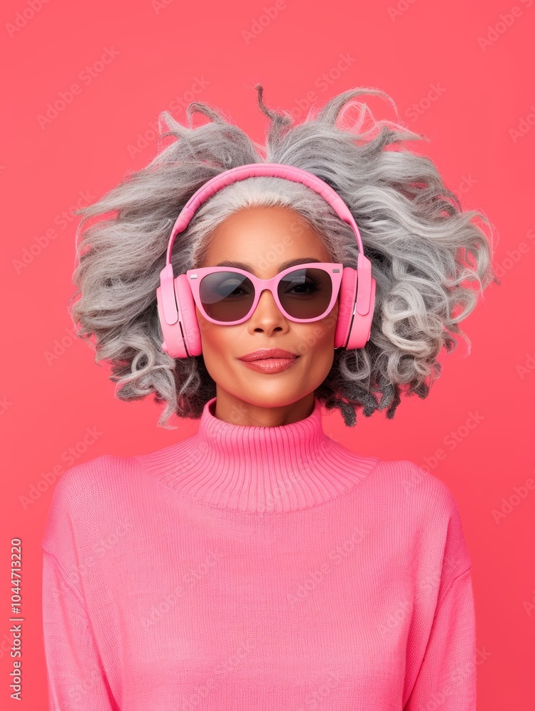 Stylish woman with gray hair wearing pink headphones and sunglasses on coral background. Stylish woman with gray hair wearing pink headphones and sunglasses on coral background.