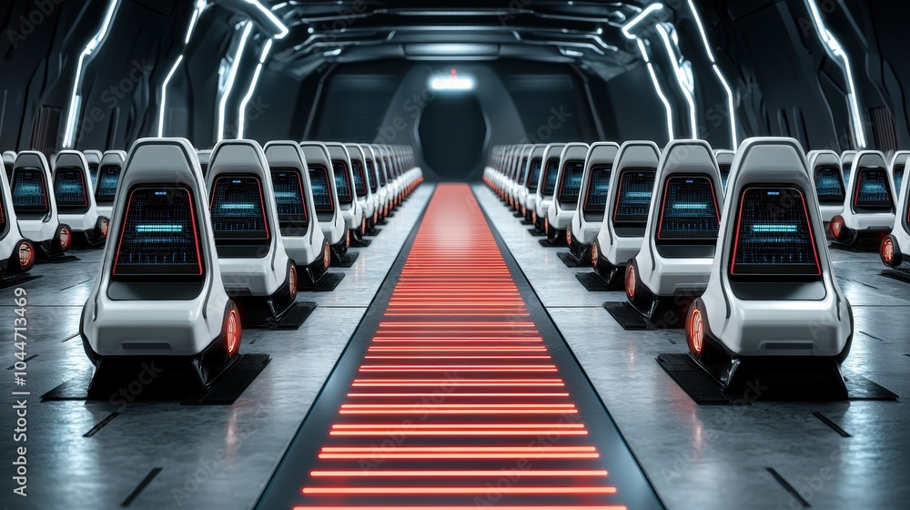 Obraz premium Futuristic Sci Fi Corridor with Illuminated Red Walkway and Parallel Seating