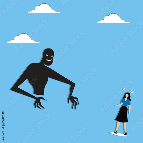 Fear, anxiety or panic attack, afraid of mistake, scared or nightmare suffering, depression or dread, worry or trouble causing distraught concept, fearful businesswoman afraid of evil monster shadow