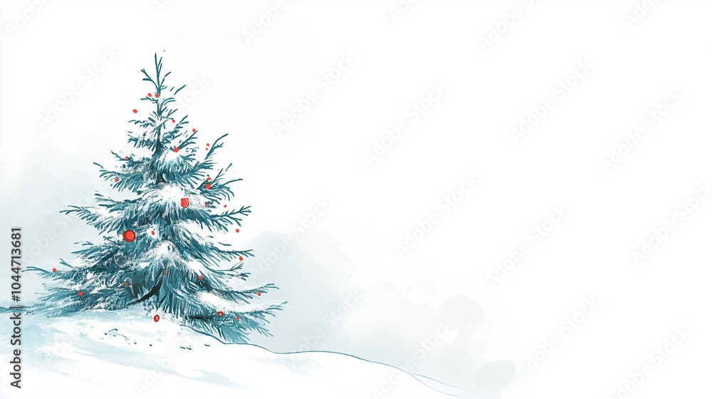 Watercolor illustration of a snow-covered christmas tree with red ornaments, evoking the spirit of winter holidays Watercolor illustration of a snow-covered christmas tree with red ornaments, evoking the spirit of winter holidays