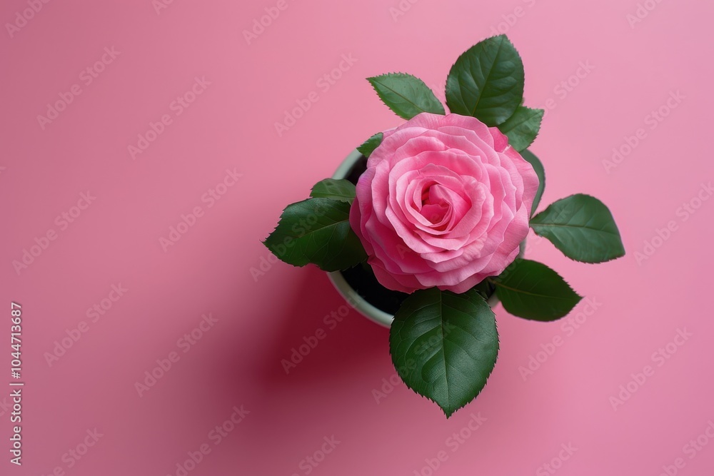 Pink rose in a small pot on a pink backdrop Pink rose in a small pot on a pink backdrop