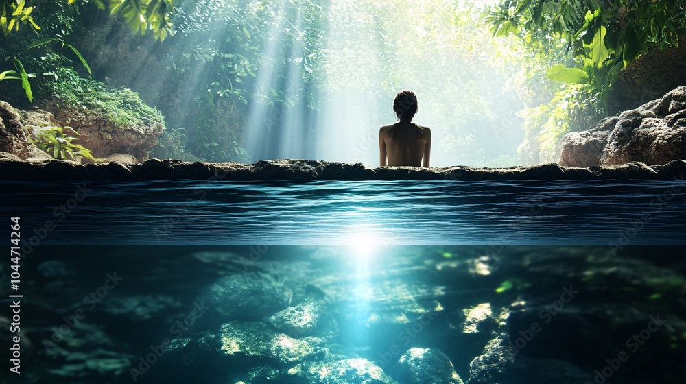 Fototapeta premium Person Gazing Into Pond with Reflections in Nature