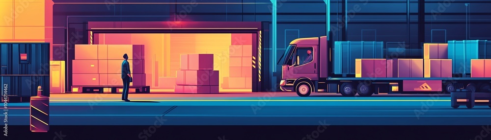 Neonlit logistic parcel, human presence, scattered feel, flat illustration Neonlit logistic parcel, human presence, scattered feel, flat illustration