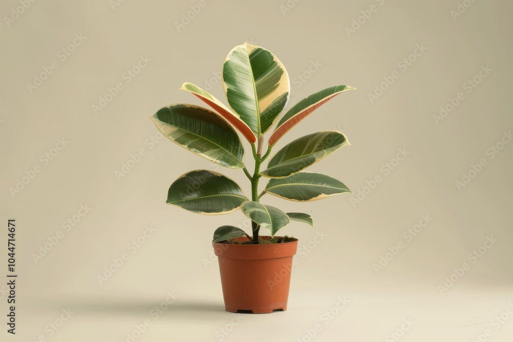 Green rubber plant in a terracotta pot on a neutral background Green rubber plant in a terracotta pot on a neutral background
