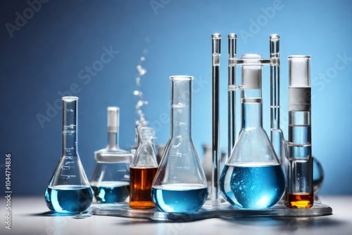 Test tubes and flasks with liquids in close-up on a blue background. Create a simple composition with copy text space elements.