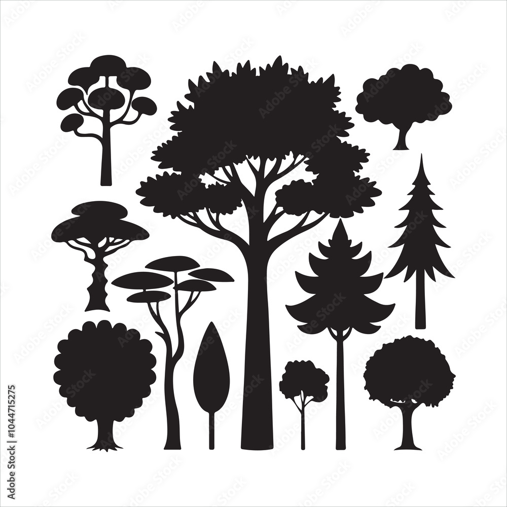 Fototapeta premium Diverse Tree Silhouettes Collection, Natural Shapes and Designs