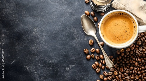 A steaming cup of coffee surrounded by roasted beans and a spoon on a dark surface.