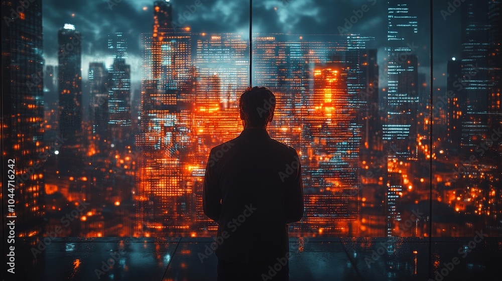 Businessman Analyzing Data on Digital Screens with City Skyline Background Businessman Analyzing Data on Digital Screens with City Skyline Background