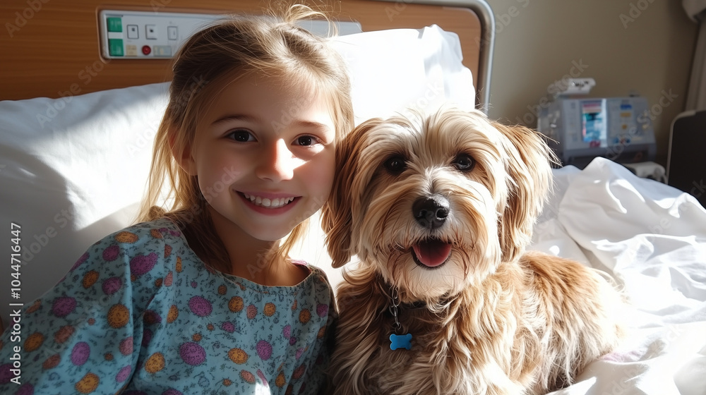 Cheerful young girl smiling beside a therapy dog in a hospital bed Cheerful young girl smiling beside a therapy dog in a hospital bed