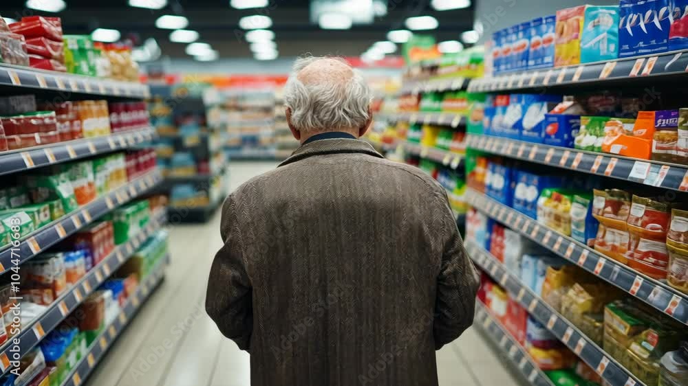 A man walks down an aisle in a grocery store, looking at the shelves stocked with various products A man walks down an aisle in a grocery store, looking at the shelves stocked with various products
