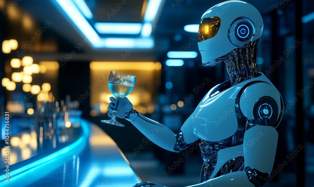 Robot sits at bar with a glass of wine. Robot sits at bar with a glass of wine.