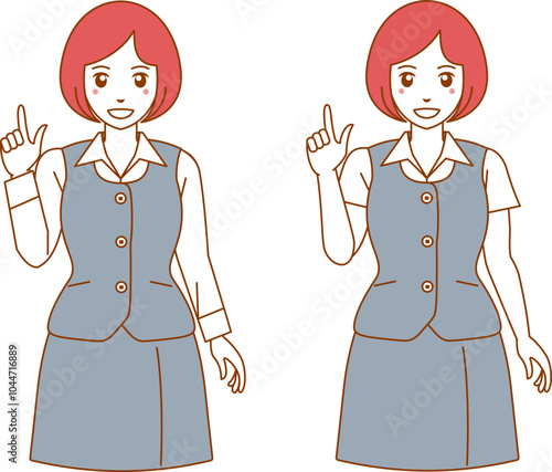親指と人差指を立てるポーズの事務服の女性