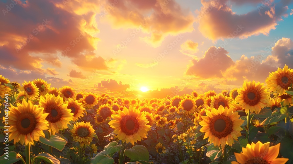Fototapeta premium A vibrant field of sunflowers at sunset with a warm, golden glow.