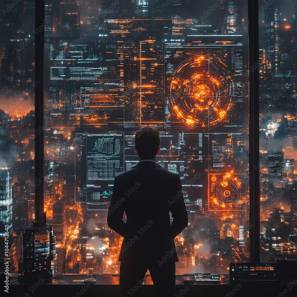 Businessman analyzing data on digital screens against a city skyline Businessman analyzing data on digital screens against a city skyline