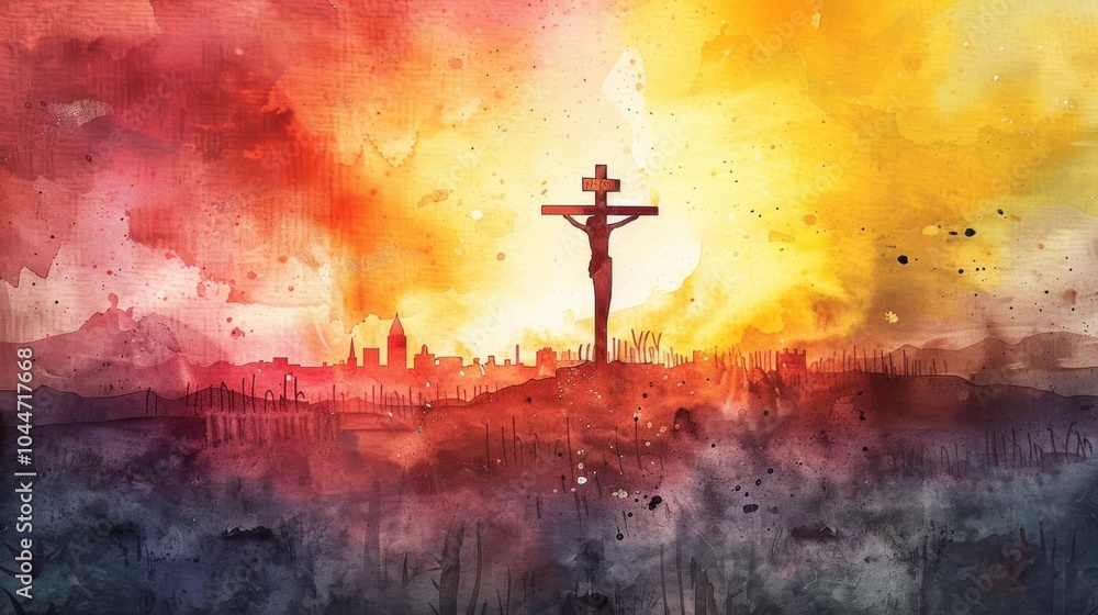 Vivid watercolor painting of crucifix against dramatic sunset cityscape. Vivid watercolor painting of crucifix against dramatic sunset cityscape.