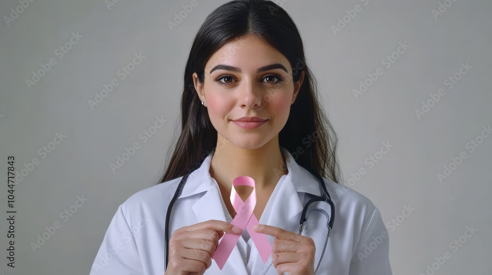 A healthcare professional holding a pink ribbon, symbolizing breast cancer awareness and support, with a serious and compassionate expression. A healthcare professional holding a pink ribbon, symbolizing breast cancer awareness and support, with a serious and compassionate expression.