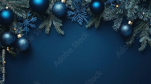 Festive cobalt blue background with christmass decoration and copy space, Happy New Year	