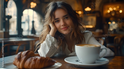 Smiling young Caucasian woman enjoying coffee and croissant in a cozy caf��.