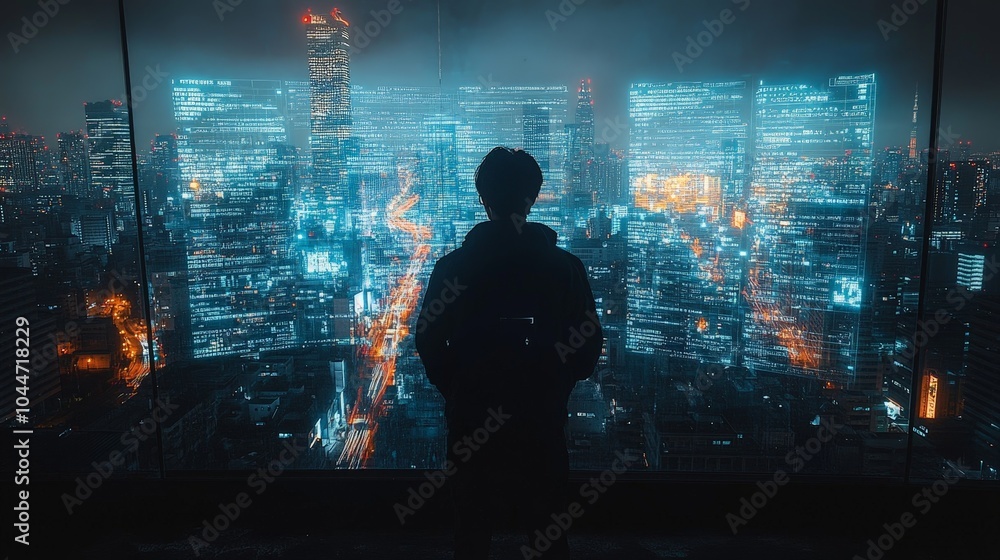 Businessman Analyzing Data on Digital Screens with City Skyline Background Businessman Analyzing Data on Digital Screens with City Skyline Background