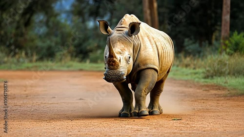 A white rhinoceros walks down a dirt road in a lush African forest