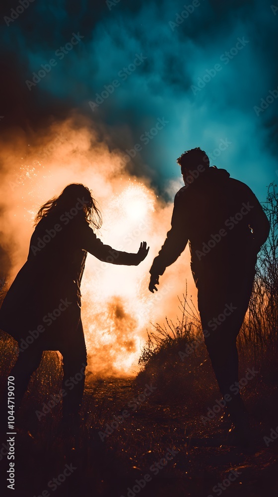 Fototapeta premium Silhouettes of a man and woman reaching out amidst a dramatic fire backdrop.