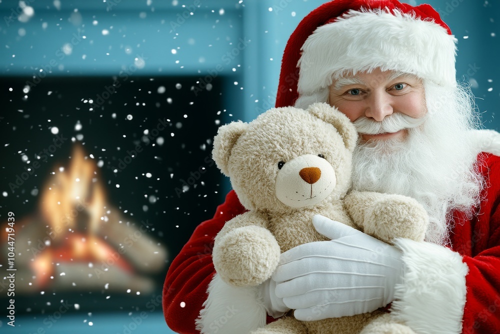 Santa Claus cheerfully holds a plush teddy bear in a cozy room by a fireplace, evoking warmth, comfort, and nostalgic Christmas memories with a touch of magic. Santa Claus cheerfully holds a plush teddy bear in a cozy room by a fireplace, evoking warmth, comfort, and nostalgic Christmas memories with a touch of magic.