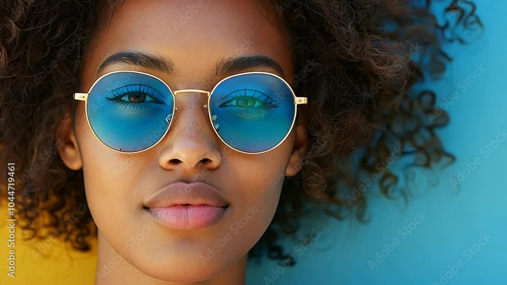 A young woman with natural curls showcases her unique style with round blue sunglasses, standing in front of a colorful wall during a sunny day A young woman with natural curls showcases her unique style with round blue sunglasses, standing in front of a colorful wall during a sunny day